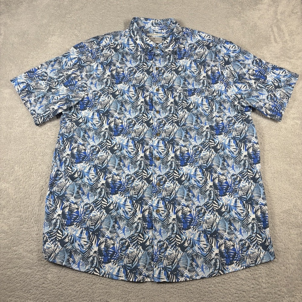 Oak Hil Floral Hawaiian Shirt Mens 1XLT Blue Short Sleeve Cool Dry Seer Sucker